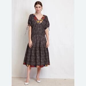 Warm Sola Black 100% Cotton Floral Smock Midi Peasant Dress 1 S